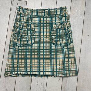 Anthropologie Girls From Savoy Size 4 A-Line Skirt Teal Checkered Front Pockets